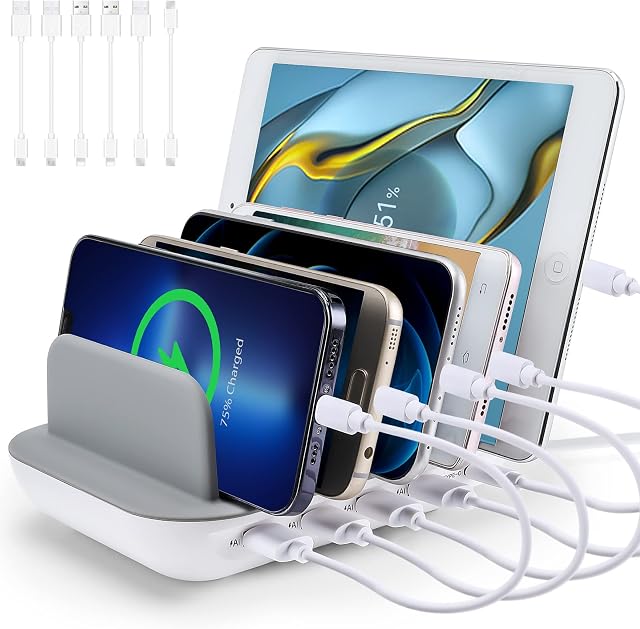 PRITEK Charging Station for Multiple Devices 50W/10A 5-Ports Desktop Charger Station with 4 Ai USB Ports + 1 Type-c Port with 6pcs USB Cables Compatible for most USB Enabled Electronics