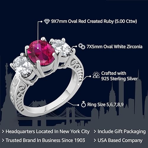 Miniatura 2 de Gem Stone King Anillo de plata de ley 925 con 3 piedras de rubí creado en rojo para mujer (5.00 unidades, disponible en talla 5, 6, 7, 8, 9), Metal