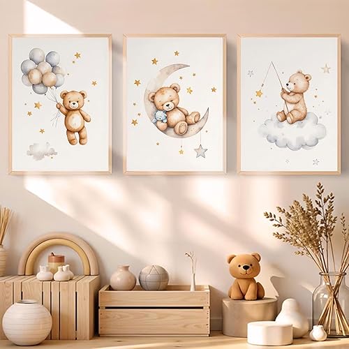 Miniatura 2 de 3 piezas de oso de peluche para cuarto de bebé, arte de pared con oso durmiendo en la luna y estrellas, decoración de pared con globos, nubes,