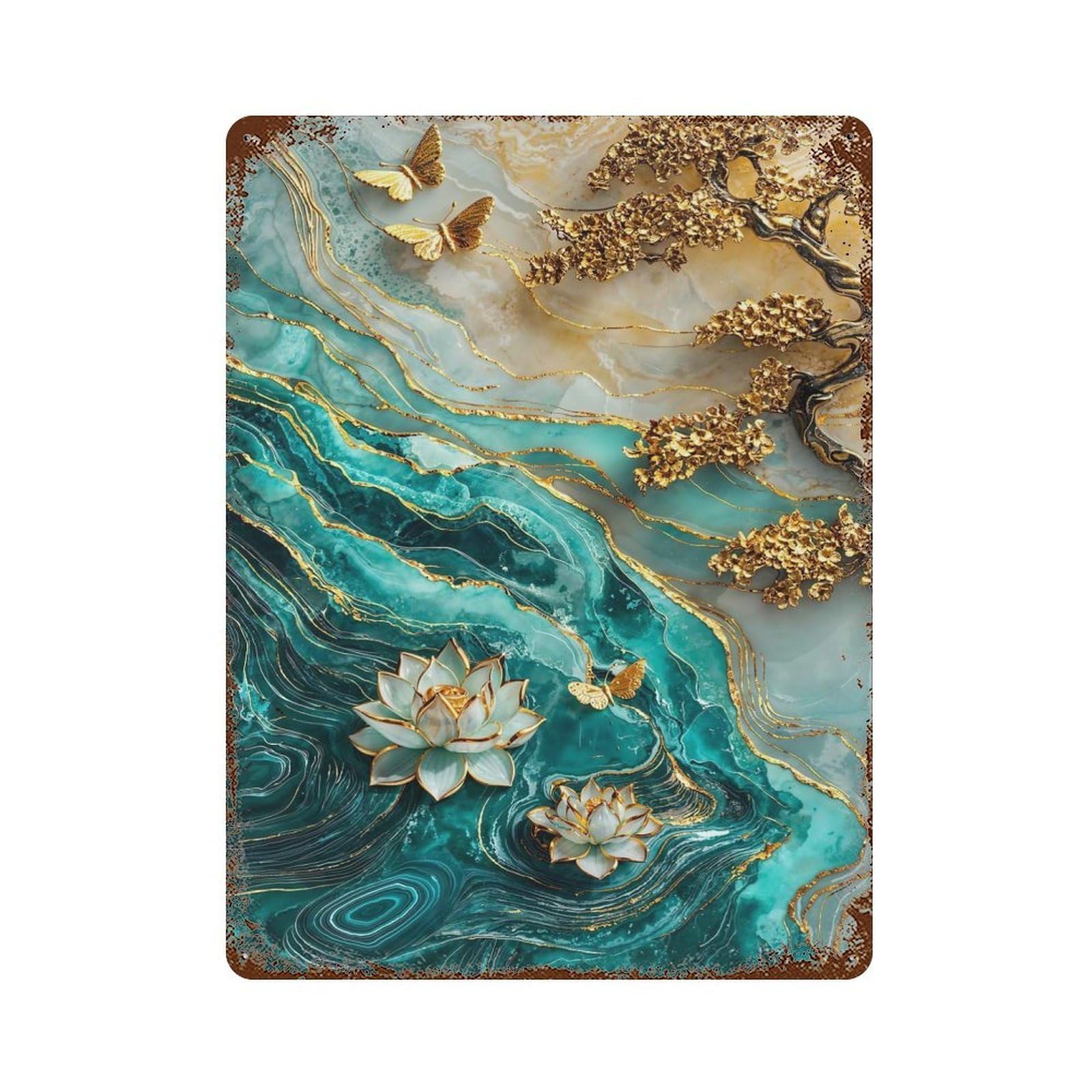 Golden Lotus Pond Decorative Tin Sign 15.7"x11.8", Old School Wall Decor for Garage, Pub Or Kitchen