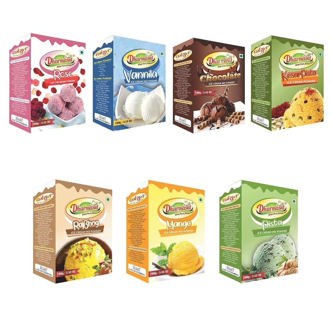 Dharmasut Rose+Vanilla+Chocolate+Kesar Pista+Rajbhog+Mango+Pista Ice Cream Powder 700G(Pack Of 7)