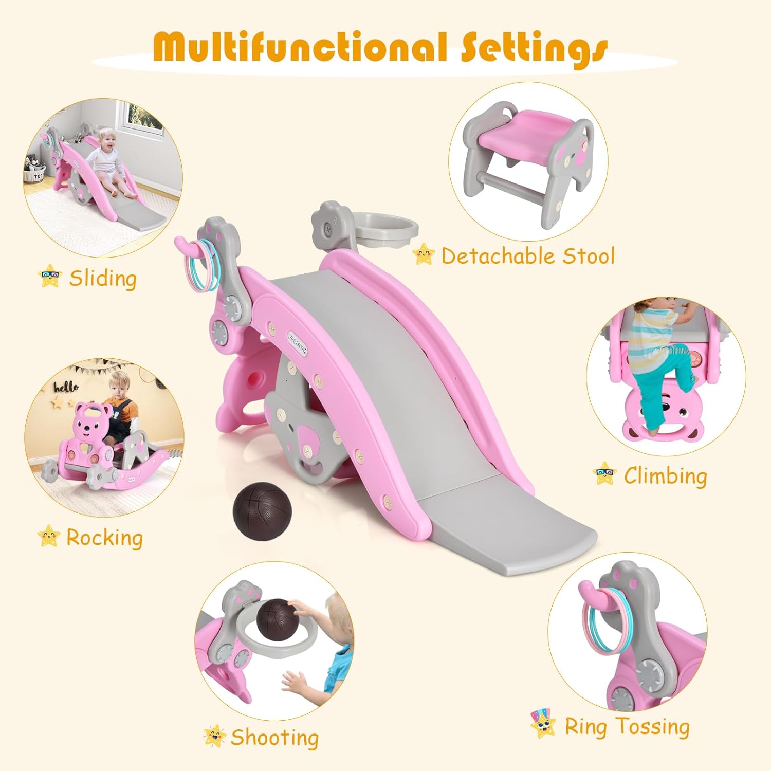 GLACER 5 in 1 Toddler Slide Rocking Toy, Rocking Horse Playset with Slide, Basketball Hoop, Ring Toss Game, Stool & Inflatable Basketball, Convertible Climber Playground for Indoors Outdoors (Pink)