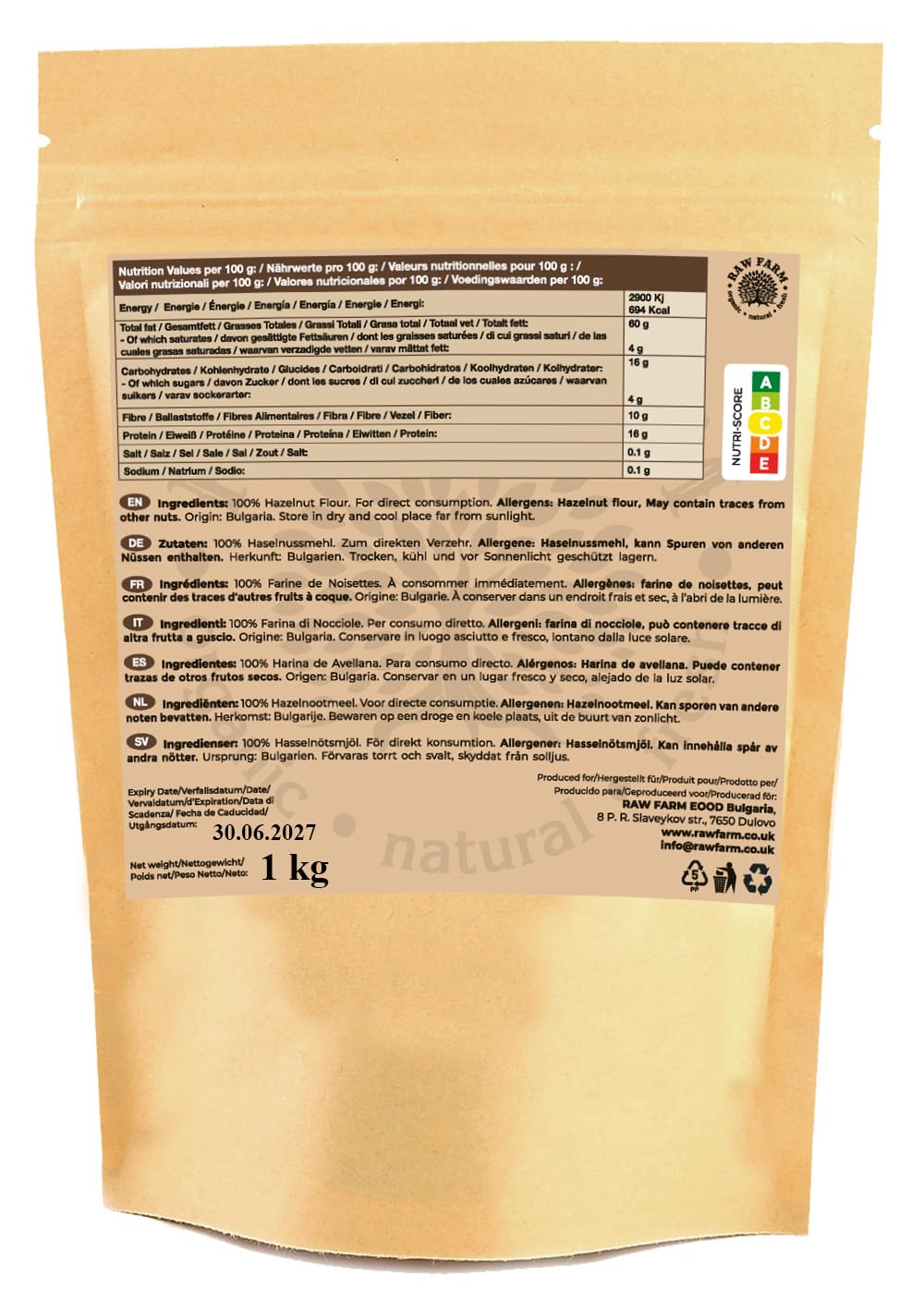Raw Farm – Farine de Noisette 1 kg – 100% Noisettes Blanchies, Finement Moulue – Sans Gluten, Compatible Keto, Idéale pour Pâtisserie et Cuisine