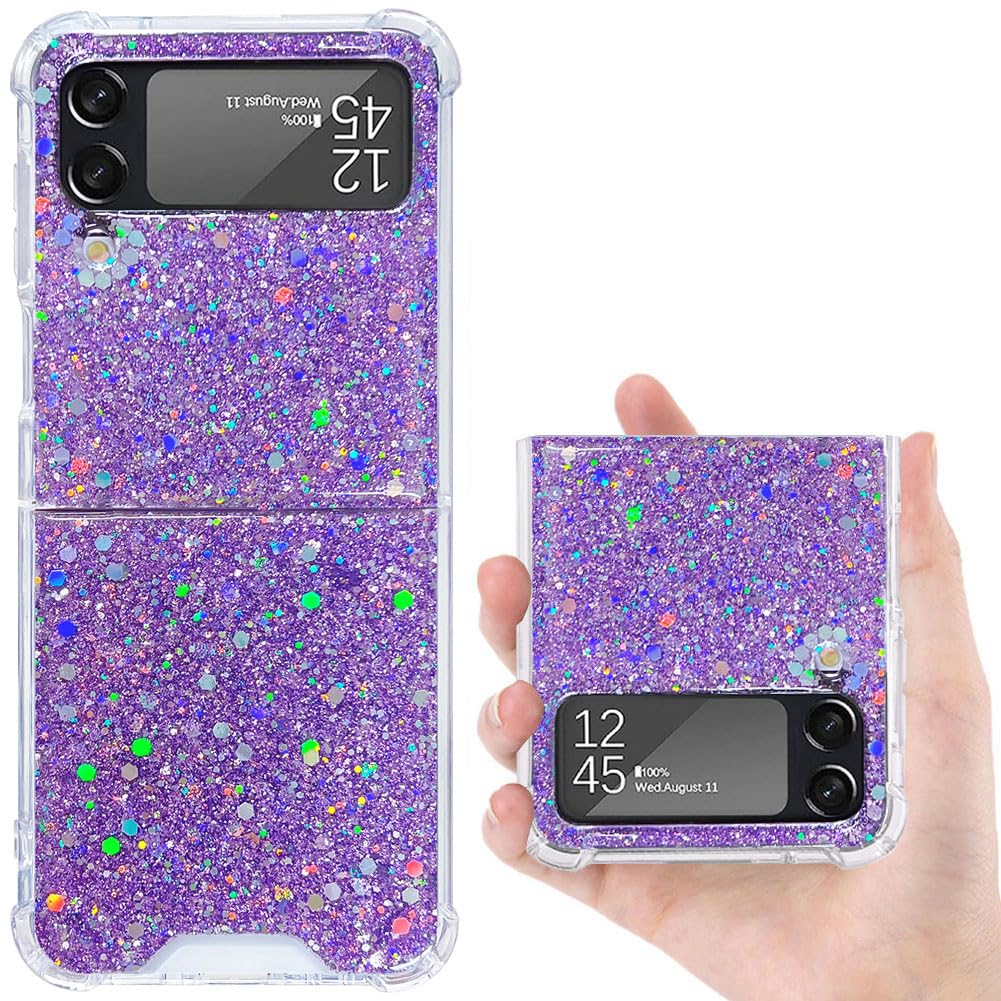 CEOKOK for Samsung Galaxy Z Flip 3 Glitter Case Cute Clear with Design Bling Shiny Reflective Pink Sparkle Protective Aesthetic Phone Cover for Women Girls Kawaii Sturdy for Z Flip 3 (Purple Sequin)