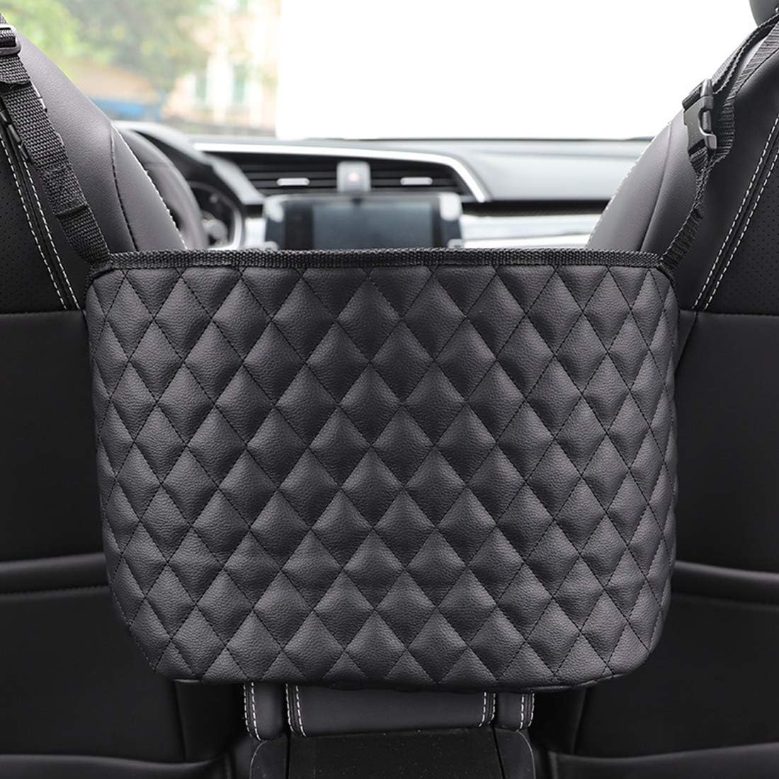 Purse Holder for Car, Vehicle Seat Organizer Car Handbag Holder Storage Pocket Universal Size Organize Net Pouch Leather Made Hanging Bag Between Seats Photo