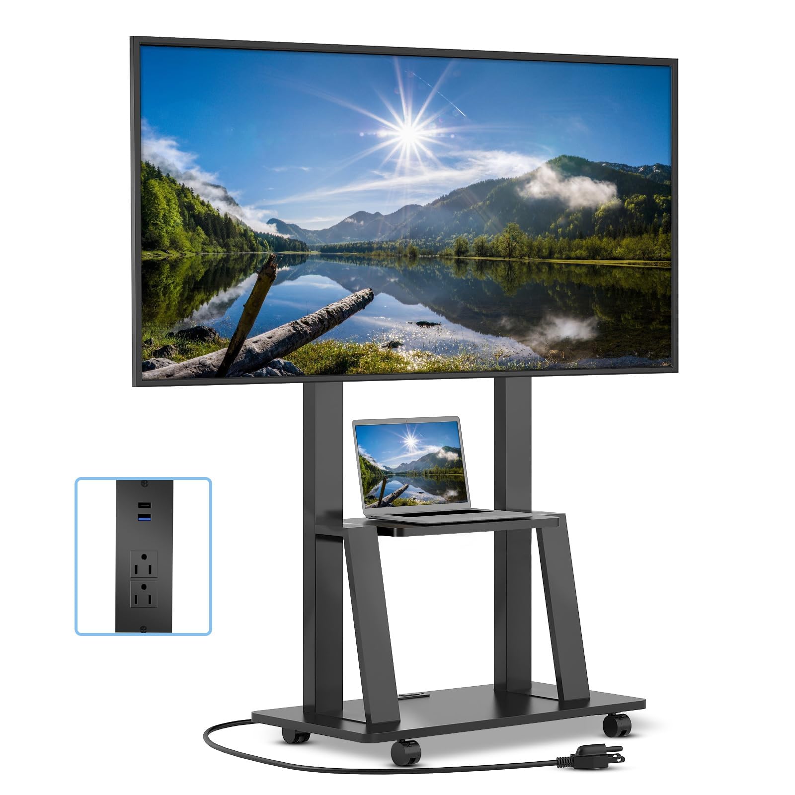 Rolling TV Stand for 32-80 Inch TVs, Mobile TV Cart with Power Outlet, Outdoor TV Stand with Wheels, Portable tv Stands for LCD OLED 4K Flat/Curved Panels Max VESA 600x400mm (Black)