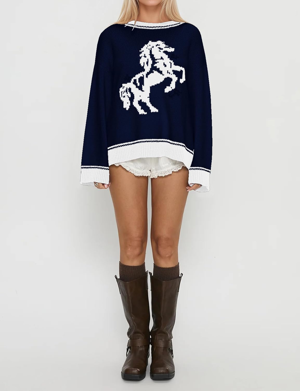 Crew Neck Oversized Sweater for Women Y2k Long Sleeve Sweaters Horse Graphic Knit Pullover Trendy Fall Sweater 2026 Navy - Image 5