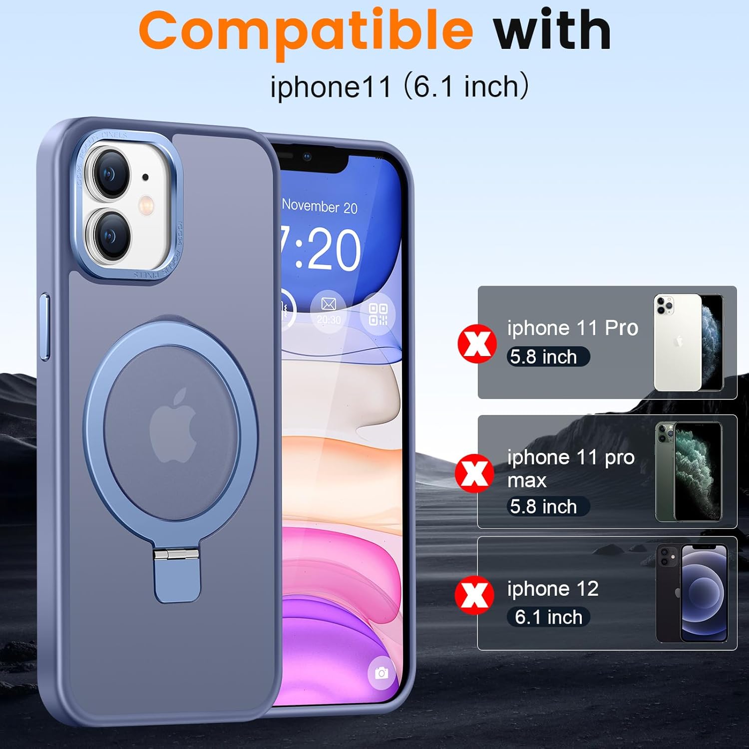 Compatible with iPhone 11 Case with Magnetic Ring Stand, Military Drop Protection, Anti-Scratch/Anti-Fingerprint Translucent Matte Phone Case for iPhone 11 (Light Blue) - Image 8