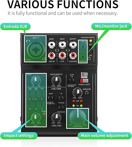Miniatura 2 de XTUGA AMG03 Mezclador de audio de 5 canales, interfaz de audio USB con efecto de eco para grabación de estudio en casa, transmisión en vivo, equipo