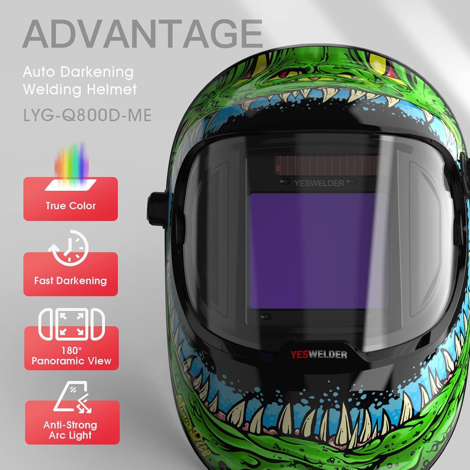 YESWELDER Large Viewing True Color Solar Powered Auto Darkening Silver Welding Helmet with SIDE VIEW, 4 Arc Sensor Wide Shade 4/5-9/9-13 Welder Mask for TIG MIG ARC Grinding Plasma LYG-Q800D-ME