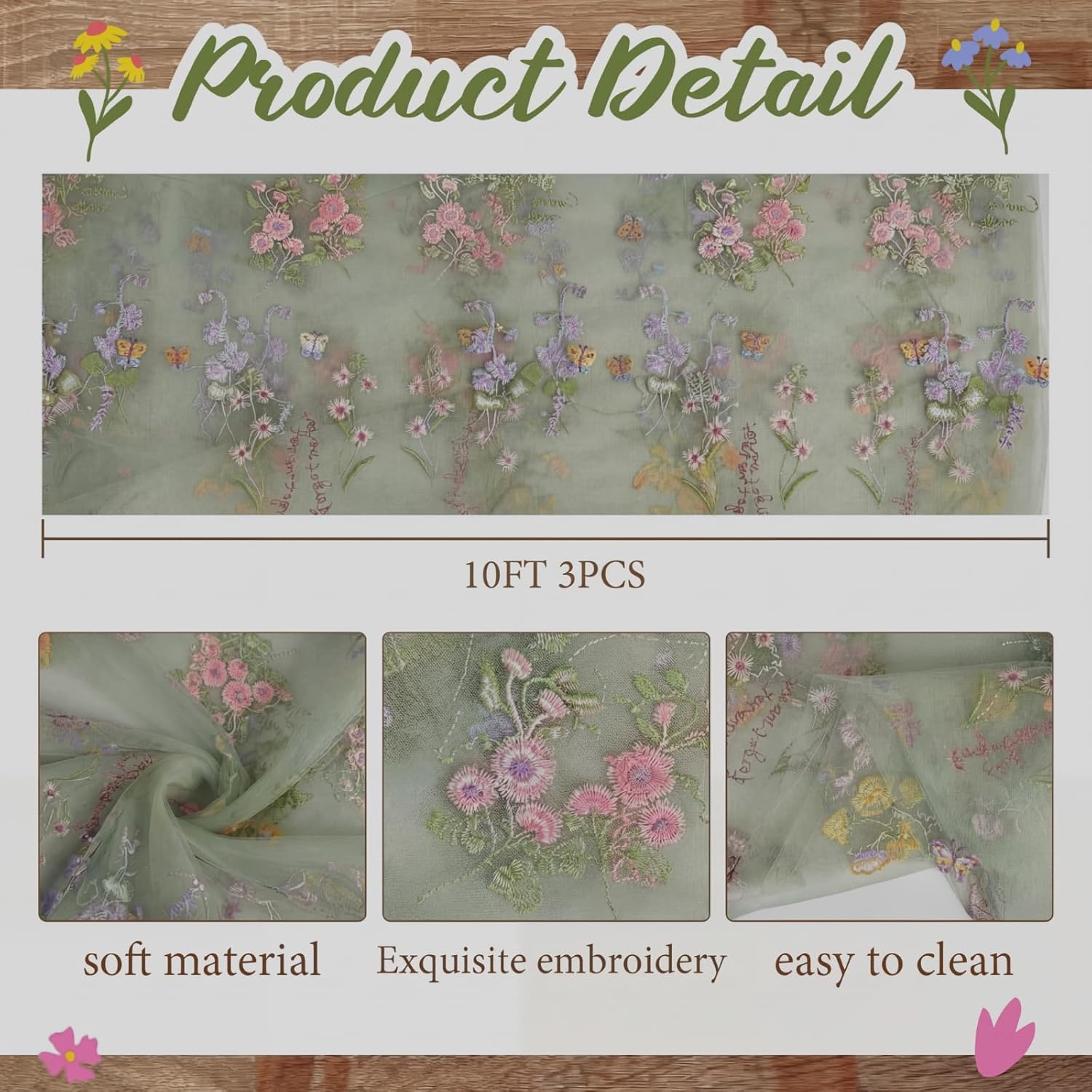 Sage Green Floral Table Runner 10ft Embroidery Tulle Spring Wildflower Table Runner Seasonal Summer Butterfly Kitchen Dining Gauze Decoration for Wedding Baby Shower Birthday Party (3 Pcs)