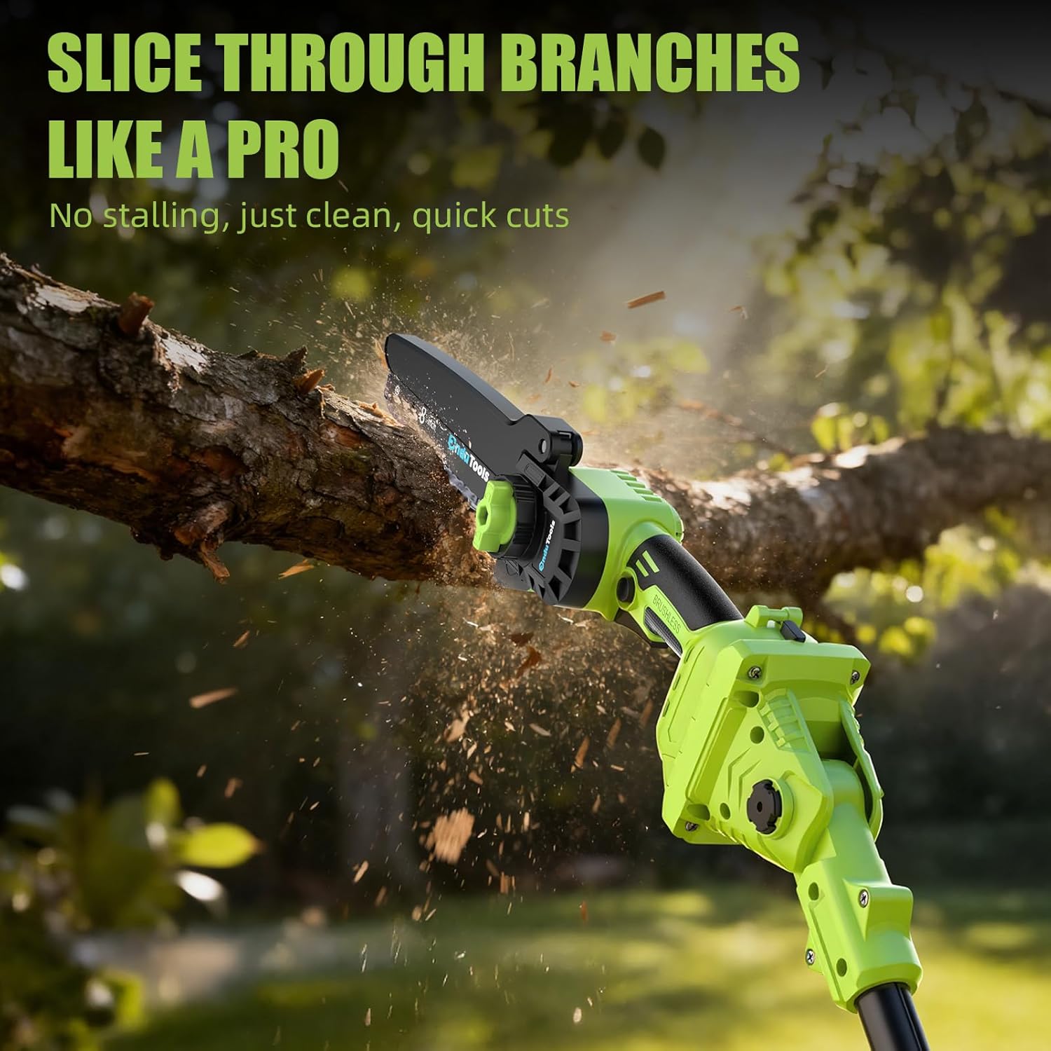 2-in-1 Brushless Cordless Pole Saw & 8 Inch Mini Chainsaw, Up to 15FT Reach with Extension Pole, Tool-Free Chain Tension, 4.0Ah Battery, for High Tree Pruning and Branch Trimming