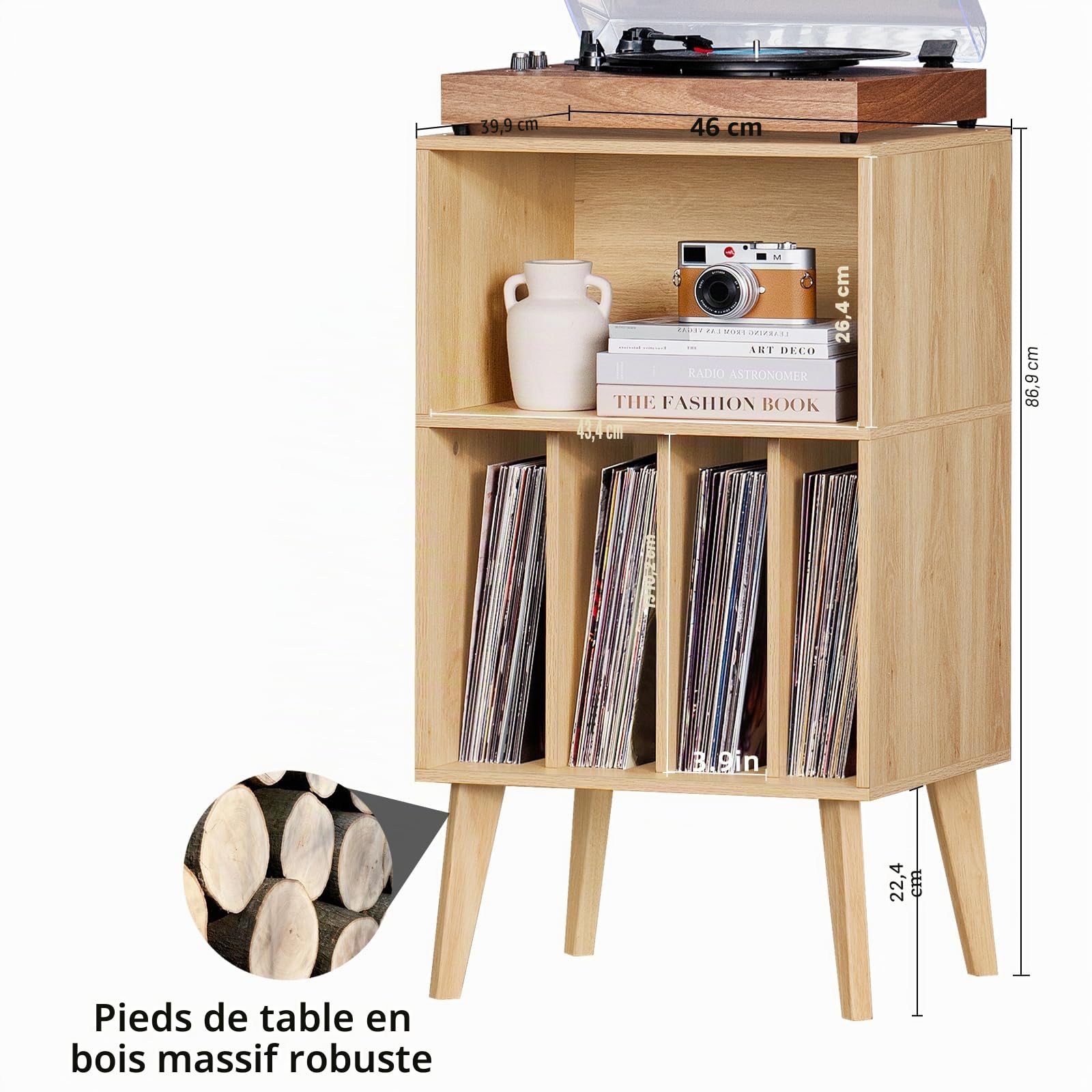 LELELINKY Support pour Tourne-Disque, Peut contenir jusqu'à 160 Albums, Support de Rangement en Vinyle Mid-Century avec Pieds en Bois, étagère pour Tourne-Disque, Table d'appoint Naturelle