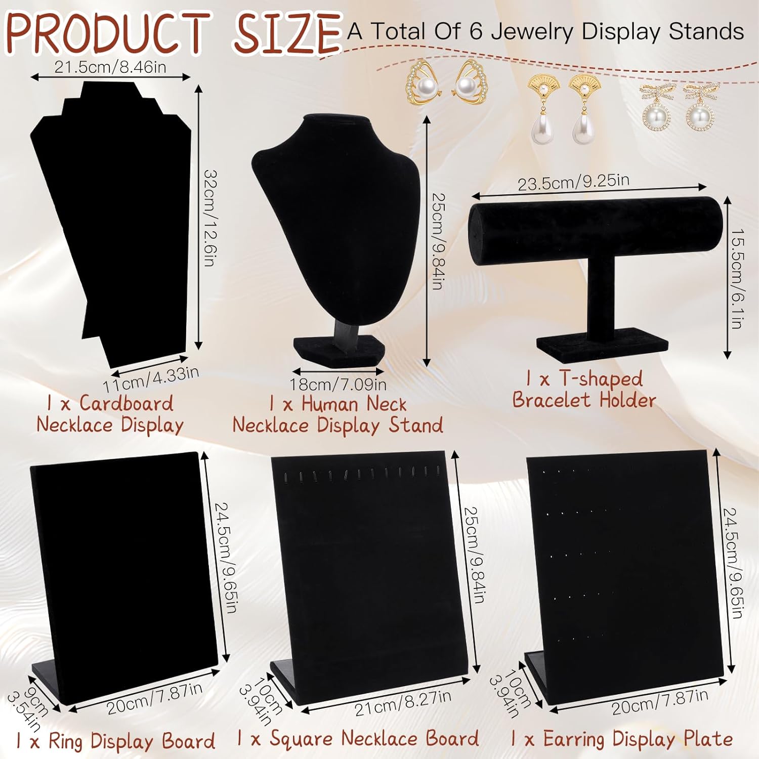 6 Pcs Jewelry Display Set, Black Velvet Foldable Necklace Holder Ring Holder Bracelet Display T Shape Earring Stand, Jewelry Stands and Displays Set for Home or Store Show