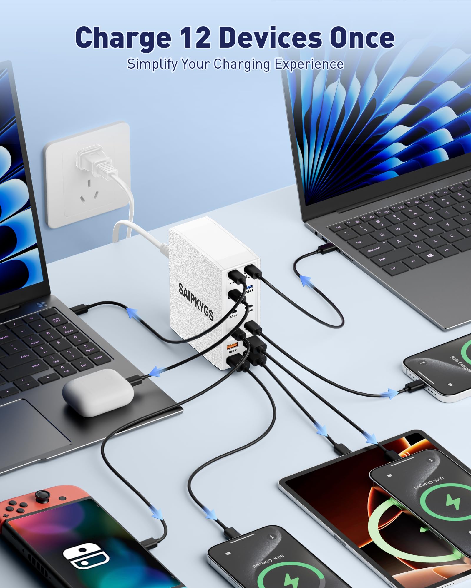Stazione di ricarica USB (900 W), blocco di ricarica USB C a 12 porte con doppia stazione di ricarica rapida PD USB-C da 100 W per MacBook Pro/Air/tutti gli iPad Phone 17/16 15/14/13/Pro Max/Samsung