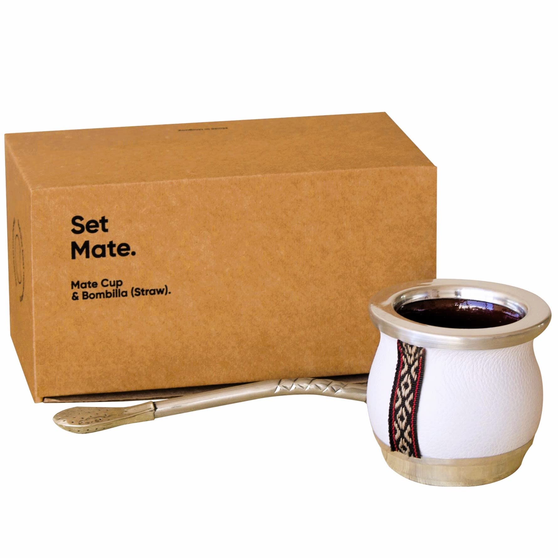 thebmate [Tiny Mate Premium Set Yerba Mate Cup - Crafted Ceramic Teacup - White Leather Wrapped Handmade in Uruguay - Set Mate Tiny with German Silver Bombilla Straw and Cleaning Brush (White)