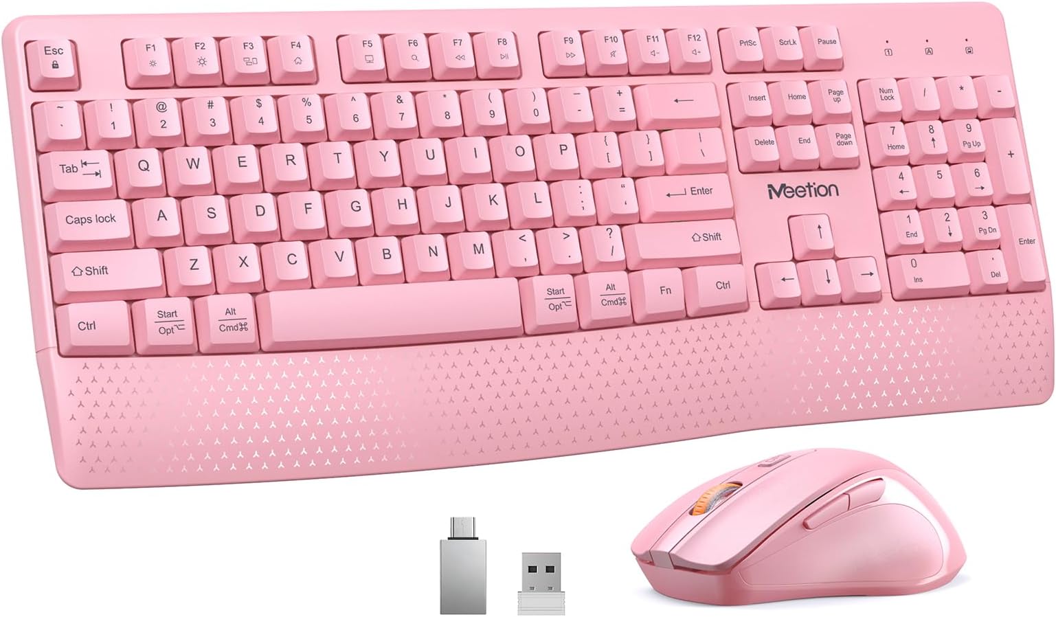 MEETION Wireless Keyboard and Mouse Combo, Full-Size with Wrist Rest, Pink | 2.4GHz USB receiver, 3 adjustable DPI mouse, comfortable typing, compatible with Windows, Mac, PCs and laptops