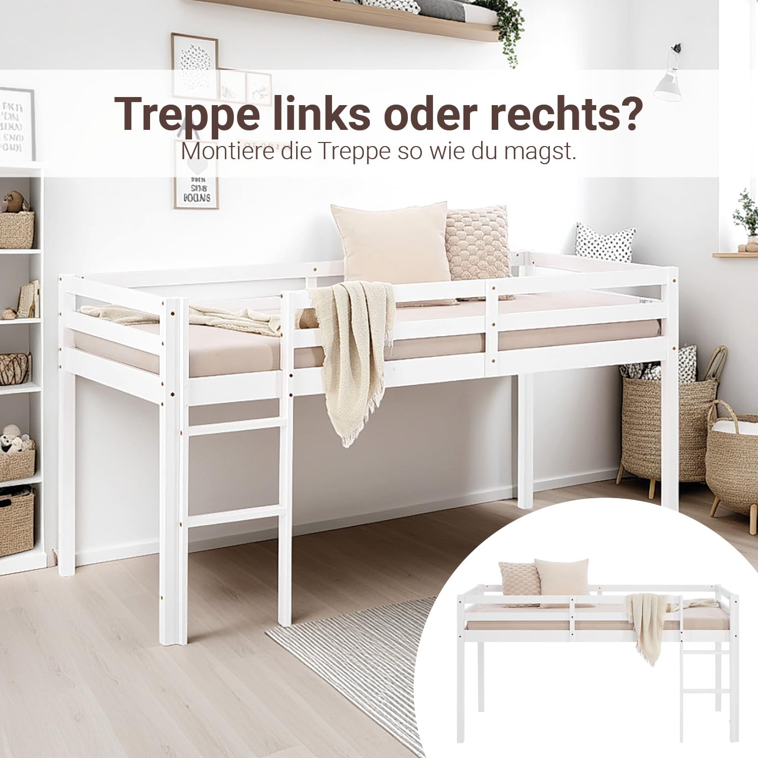 Homestyle4u Kinderhochbett 90x200 Weiß - Hochbett Massivholz Kiefer | Stabiles Jugendbett mit Leiter & Rausfallschutz, EN 747 geprüft, Platzsparendes Etagenbett für Jungen & Mädchen