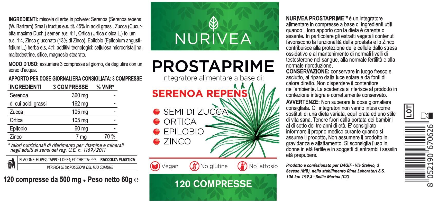 NURIVEA Serenoa Repens per la Prostata Integratori Saw Palmetto 360 Mg con Zinco Estratto di Ortica Epilobio Semi di Zucca 120 Compresse Made in Italy