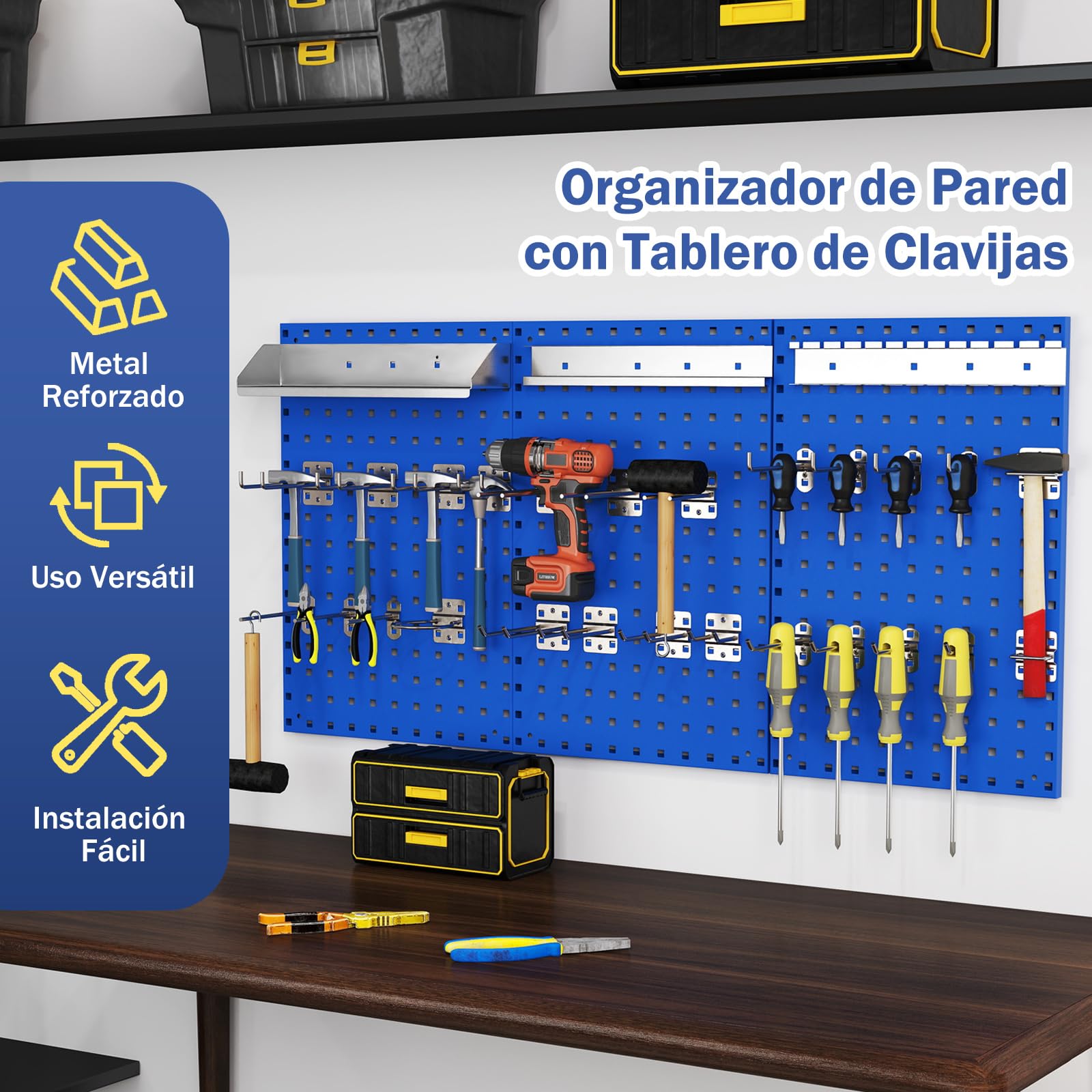 COSTWAY Kit de Organizador de Herramientas para Pared, Kit de Organización de Herramientas con 3 Paneles Perforados y 28 Accesorios para Colgar, Panel de Herramientas con Agujeros para Garaje (Azul)