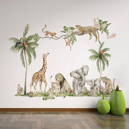 Miniatura 2 de Calcomanías de pared de acuarela de animales de la selva, mono, pájaro, leopardo, elefante, jirafa, calcomanías de pared extraíbles para niños,