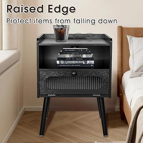 Miniatura 3 de Mesita de noche moderna de mediados de siglo con estación de carga, mesitas de noche con puerta decorativa de cristal, mesa auxiliar con espacio de