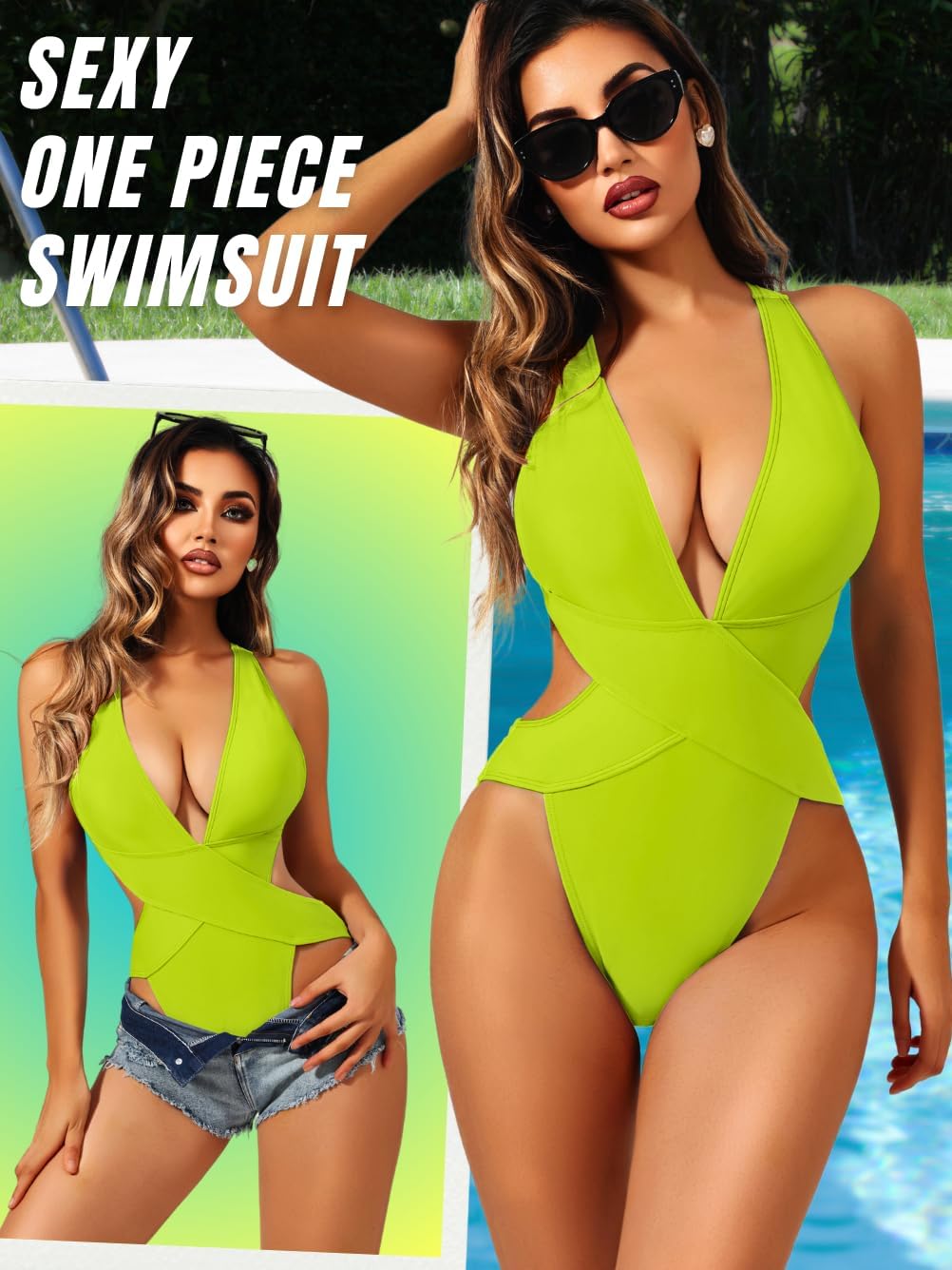 Sexy One Piece Swimsuit,Plunge Backless Color Block Swimsuits for Women,High Cut Scrunch Butt Monokini Beach Pool - Image 3