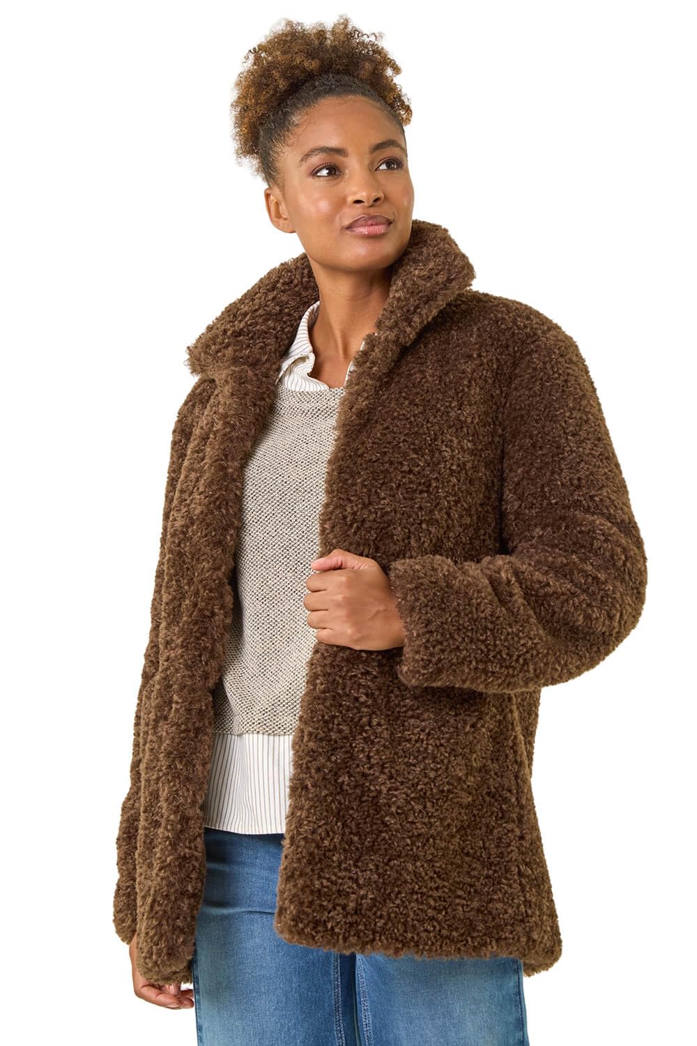 Roman Originals Curly Soft Borg Coat for Women UK - Ladies Everyday Autumn Winter High Neckline Comfy Soft Evening Vacation Work Party Night Out - Chocolate Brown - Size 18