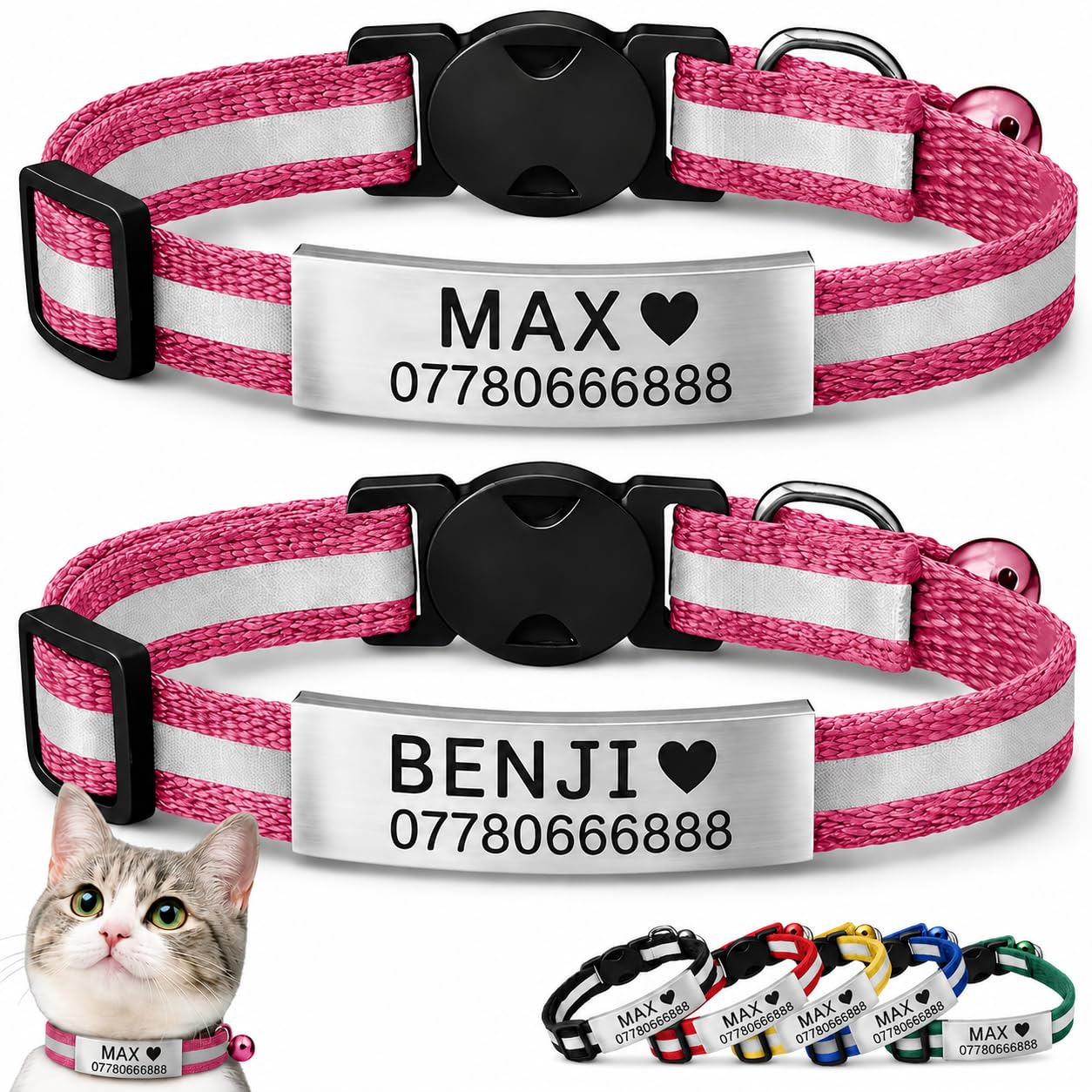 2 Pack Personalised Cat Collars with Engraved ID Plate, Name & Phone Number, Reflective Breakaway Safety Buckle, Adjustable Cat & Kitten Collar Set (Rose Red, Silver Name Plate)