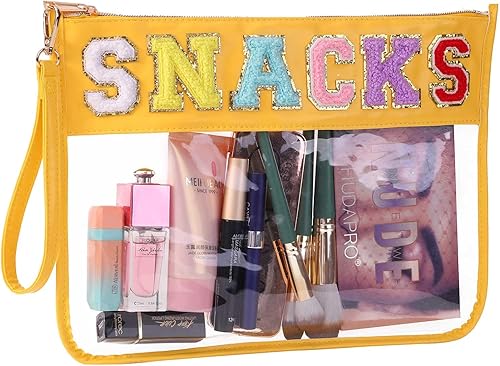 Miniatura 2 de HASIOY - Bolsa transparente con parches, bolsa para aperitivos, bolsa de felpilla con letras de chenilla, bolsa de cosméticos con correas doradas