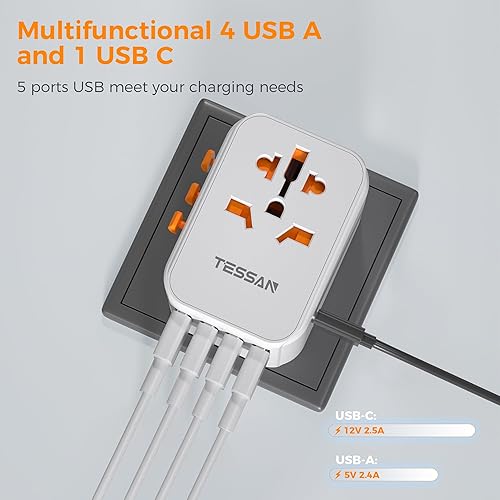 Miniatura 5 de Adaptador de enchufe de viaje universal de 30 W, adaptador de enchufe TESSAN International con 1 USB C y 4 puertos USB A, toma de corriente para