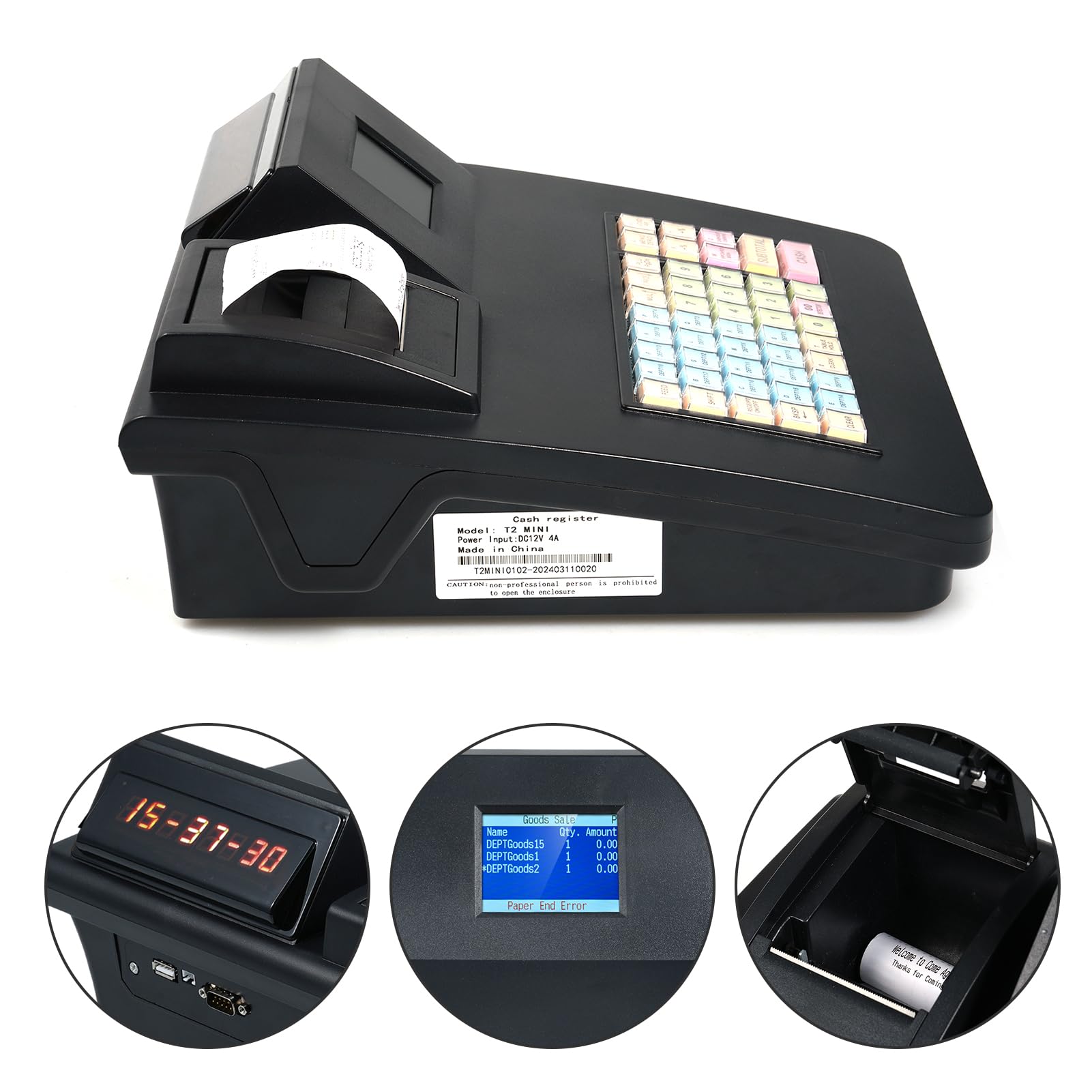Irfora Caja registradora electrónica con 48 Teclas Pantalla Dual Programa Simple Gran acidad con Soporte para Impresora térmica de 58 mm Puerto RS232/USB Adecuado para pequeñas Empresas Restaurante
