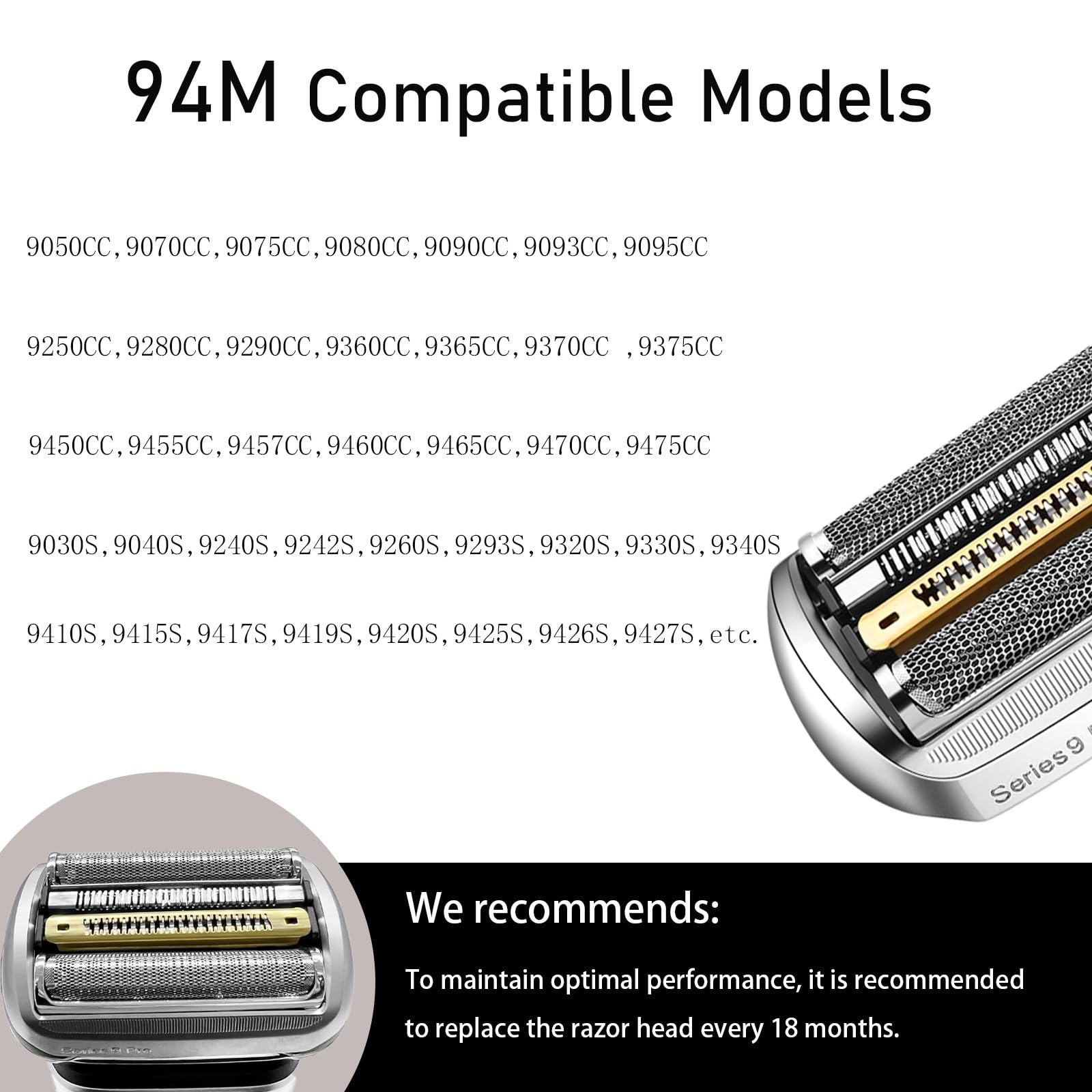 Elektrischer Scherkopf für Braun Serie 9,94M Kompatibel Mit Braun Series 9 Scherkopf,Silbrig Series 9 Elektrorasierkopf Ersatzteil geeignet,für Serie 9/9 Pro 9517s 9527s 9525s 9515s 9485cc (94M)