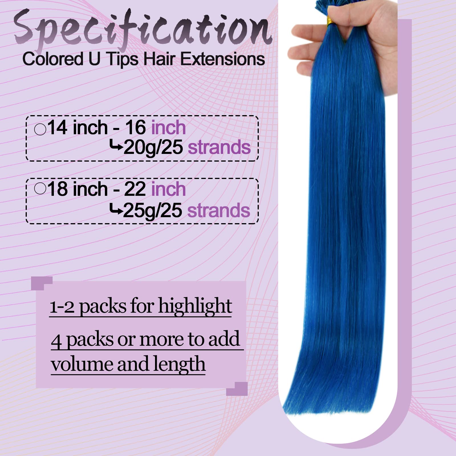 RUNATURE U Tip Hair Extensions Real Human Hair Blue Keratin Hair Extensions Human Hair Blue U Tipped Extensions 16 Inch 20g 25 Strands - Image 4