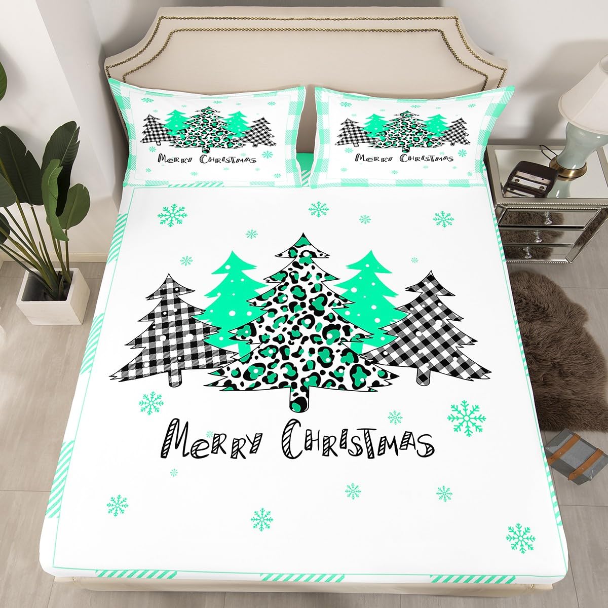 Xmas Trees Fitted Sheet King Size, Mint Plaid Grid Snowflake Bed Cover with 2 Pillowcases, Christmas Bedding Set 3pcs for Kids Girls Adults Room Decor, Soft Polyester Bedding — image 1