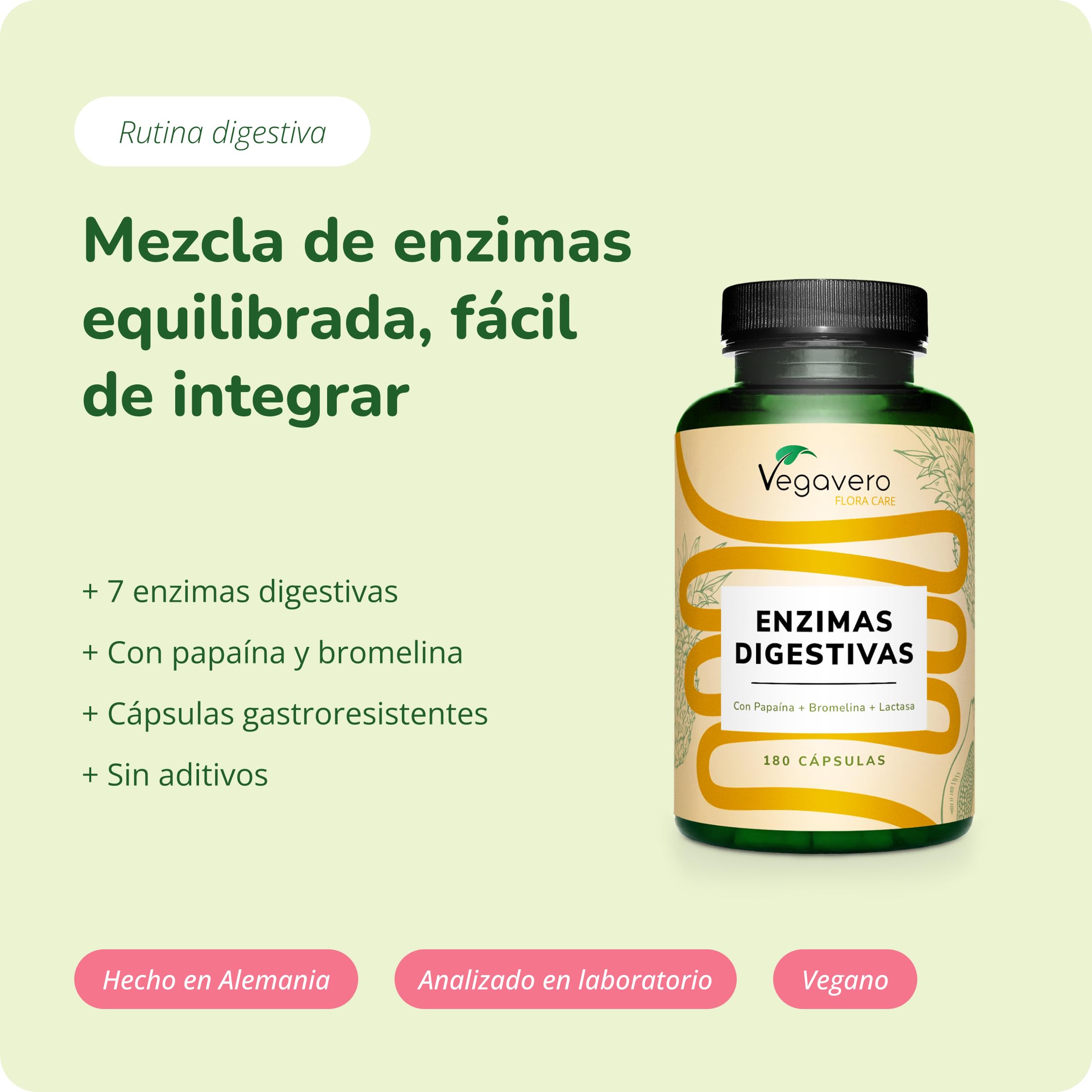 Vegavero Enzimas Digestivas | 7 Enzimas + Lactasa | 180 Cápsulas Entéricas