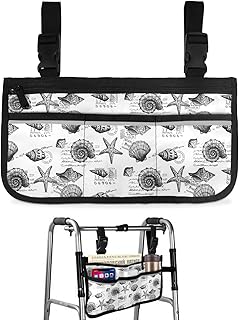 Ocean Beach Wheelchair Side Bag Walker Bag, Starfish Seashell Conch Black and White Wheelchair Accessories Armrest Pouch, Organizer Storage Bag for Walkers, Rollators, Scooters, 7.3'x13'