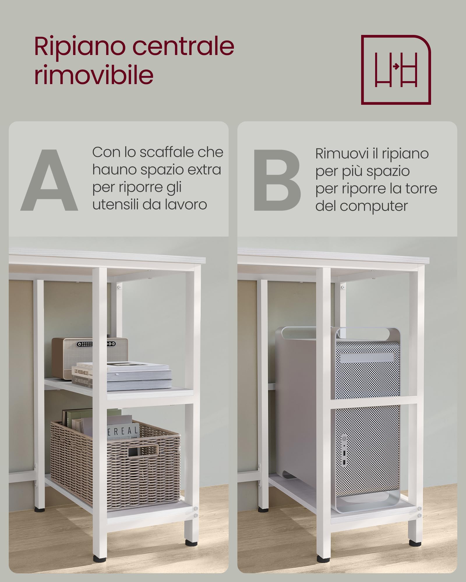 VASAGLE Scrivania per Computer a Forma di L, 138 x 138 x 76 cm, Scrivania ad Angolo con 2 Ripiani, per Ufficio Studio, Bianco Acero LWD072W44