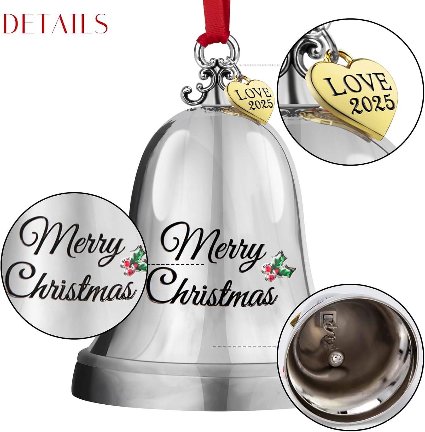 LARAINE Christmas Ornament Bell 2025 Silver Jingle Bell Hanging Ornament with Golden Metal Tag for Christmas Tree Decorations Engraved Metal Bell (Heart Tag (2025)) - Image 6