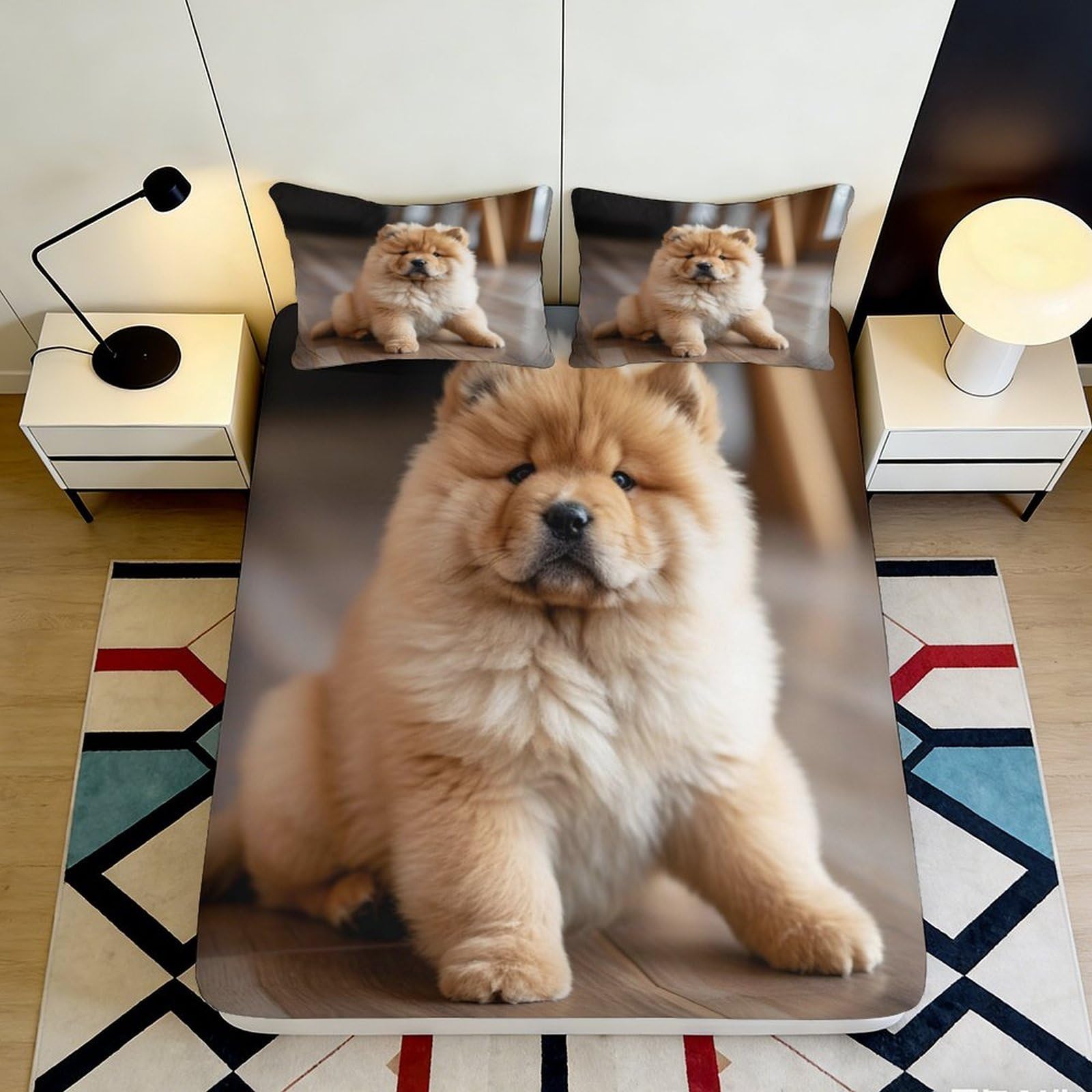 3D Printed Chow Chow Puppy Fitted Sheet Microfiber Non-Slip Washable Dog Bed Cover for Bedroom Guestroom Decor 120x200x25cm