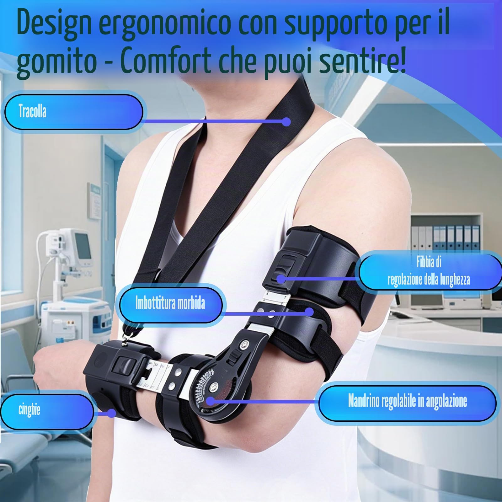 Ortesi per gomito, con chiusura rapida precisa regolabile multiangolo lunghezza regolabile per lesioni postoperatorie del braccio stecca di riabilitazione per frattura o lussazione omero lato sinistro