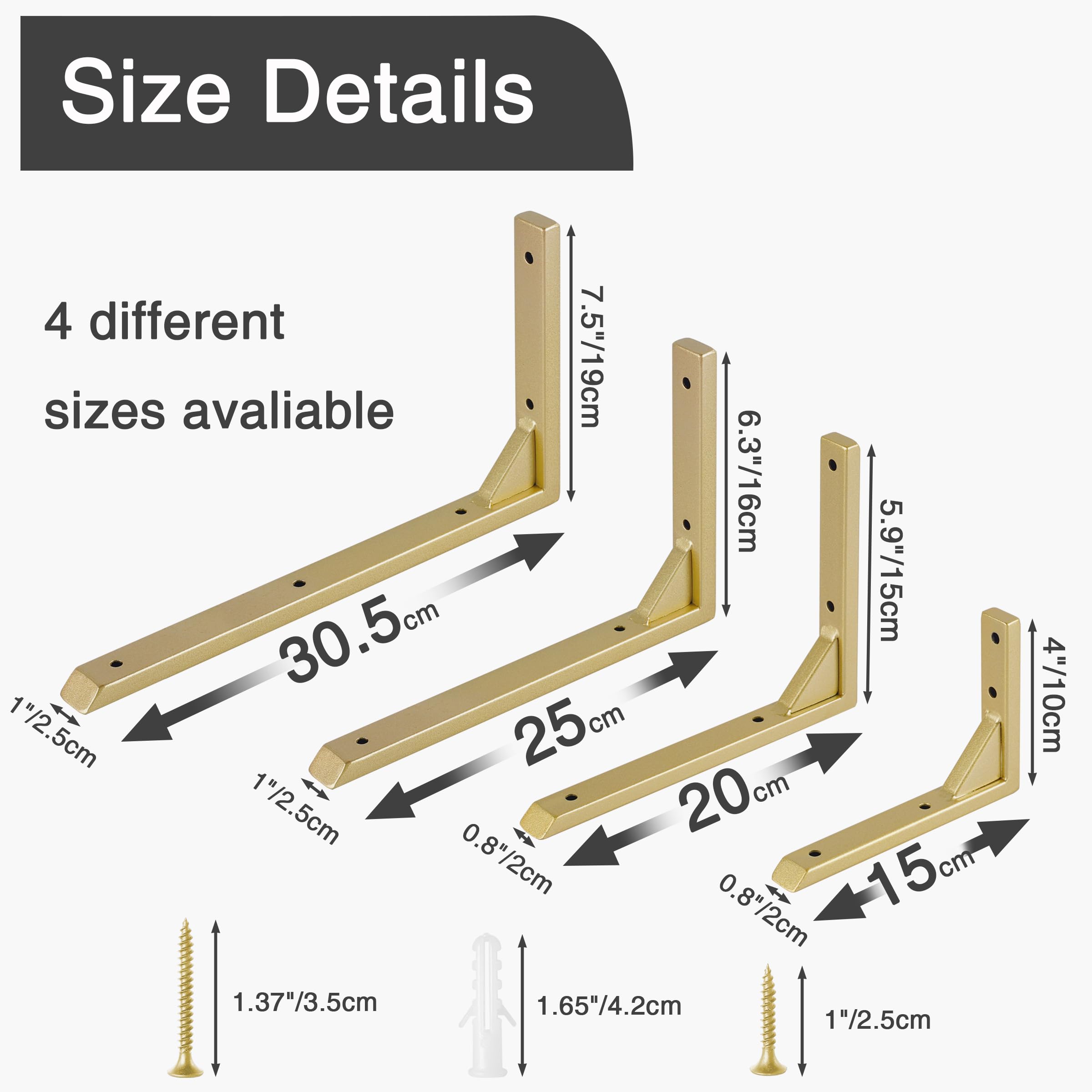 Soportes de estante resistentes de 10 pulgadas, paquete de 4 soportes de hierro dorado para estantes, soportes triangulares resistentes con tornillos para estantería de cocina (dorado)
