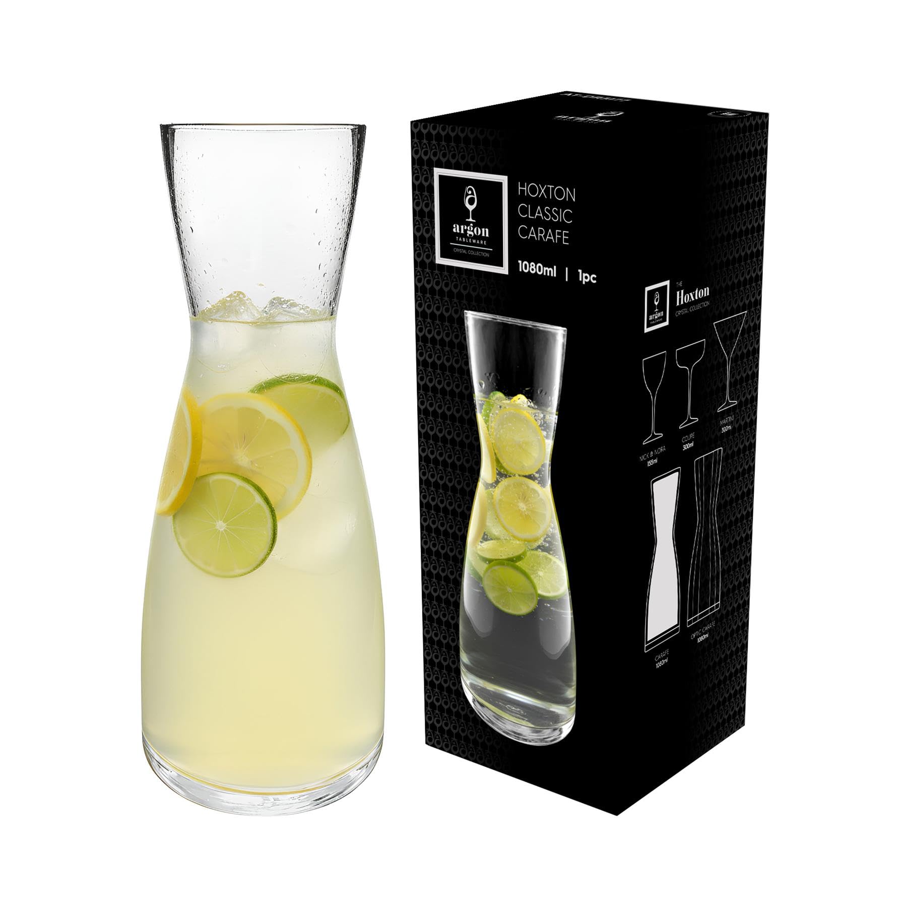 Argon Tableware Hoxton Crystal Carafes 1.1L - Glass Water Wine Decanter Jugs, Clear Serving Carafe for Juice, Cocktails, Iced Coffee, Table Service & Home Bar