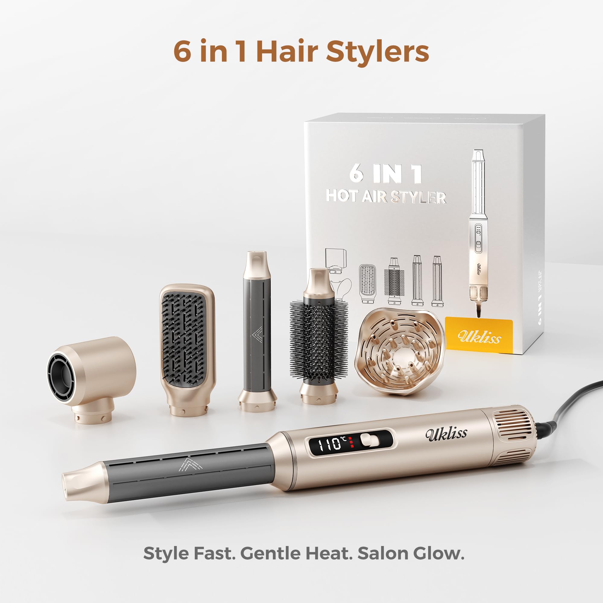 UKLISS Haarstyler Hairstyler 6 in 1, Hair Styler Set mit LCD-1000W Föhbürste Airluft Lockenstab Hair Dryer Brush Rundbürste Haarglätter für Glätten, Trocknen, Volumen, Locken | Geschenke Set