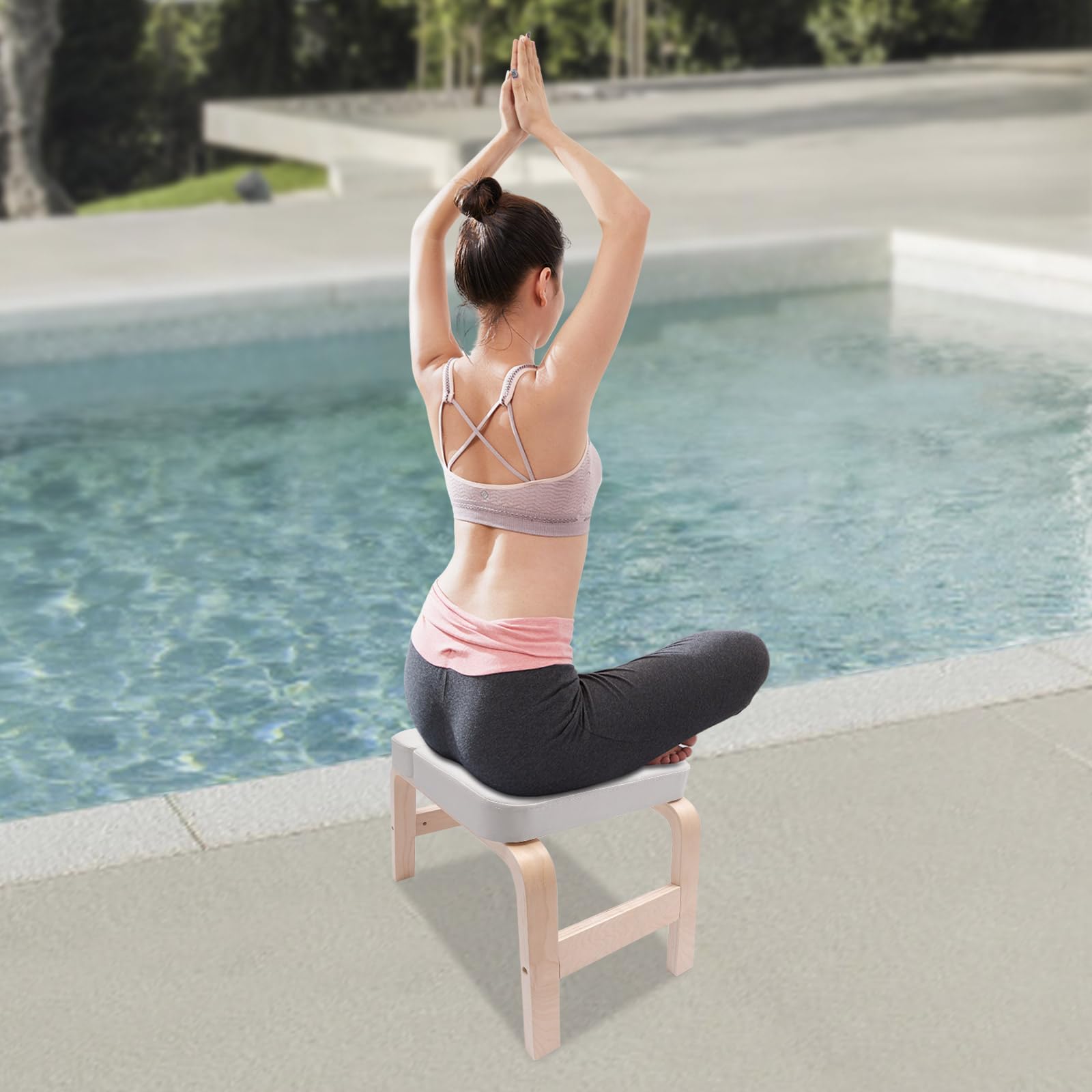 Panca da yoga in legno massello e poliuretano, portata 200 kg, multifunzione con blocco a T per posizione di mano e inversa, facile da montare (bianco)