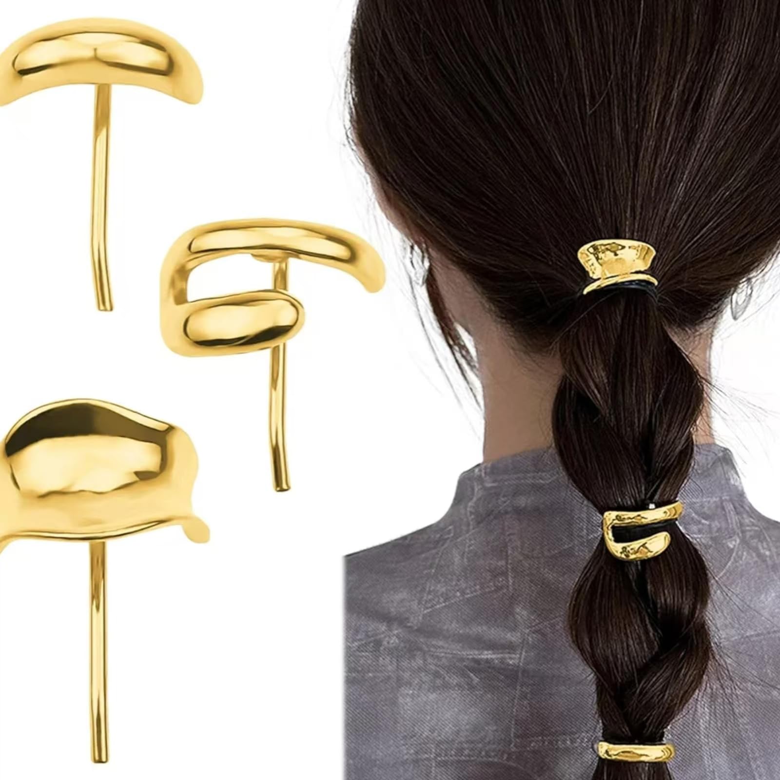 3 horquillas doradas para el pelo para mujer, pequeñas, de metal, para coletas altas, pinzas decorativas para el pelo, pinzas para el pelo con cola de pony, pinzas para el pelo francés