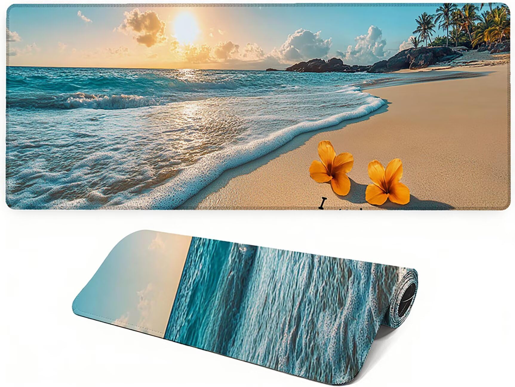 Lejnlnng Podkładka pod mysz do gier XXL, 120 x 60 cm, na plażę, wodoodporna podkładka pod mysz XL Zachód słońca, antypoślizgowa gumowa podkładka pod mysz z przeszytymi krawędziami, biuro, Gaming JL