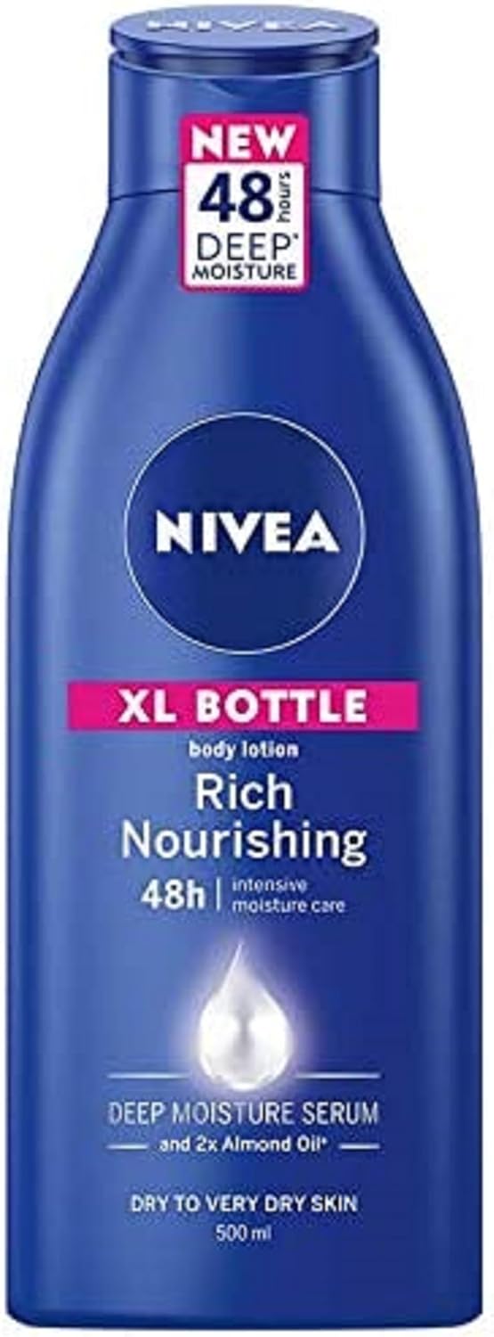 NIVEA Rich Nourishing Body Lotion (500ml), 48h Replenishing Body Lotion, Intensive Moisturising Cream with Almond Oil and Deep Moisture Serum, Creamy Hydrating Formula
