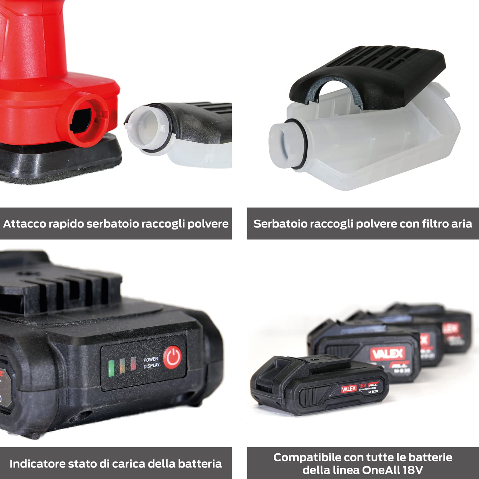 Valex M-LP18 Levigatrice Palmare a Batteria OneAll 18V in Kit con Batteria 2Ah e Caricabatterie 1,7A, 6 Fogli Abrasivi inclusi.