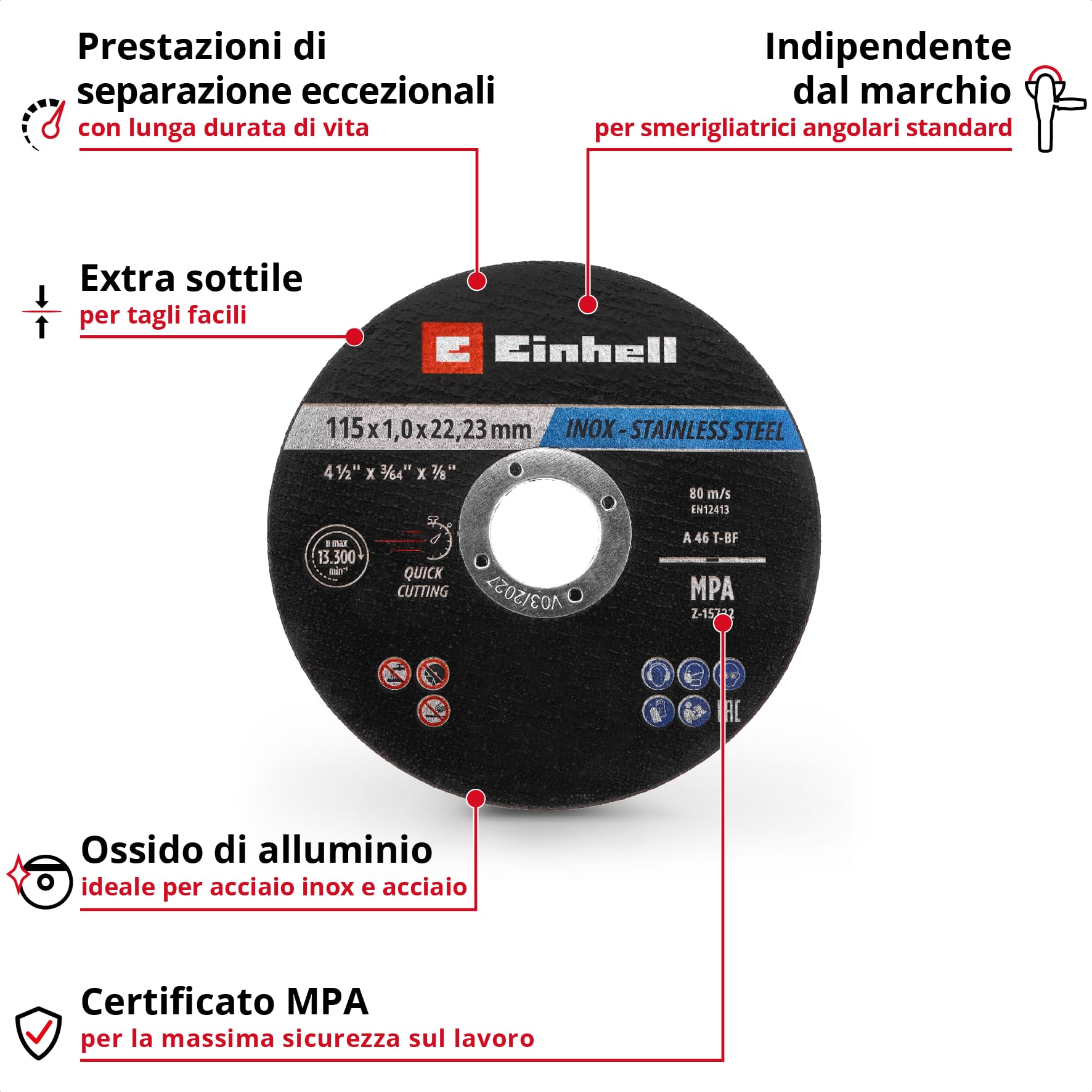 Einhell 100 pezzi set di dischi da taglio per metallo, Inox, Ø 115 x 1 mm | Taglio di precisione | lavorazione del metallo | foro da 22,23 mm | certificato MPA | versione piana | confezione inclusa